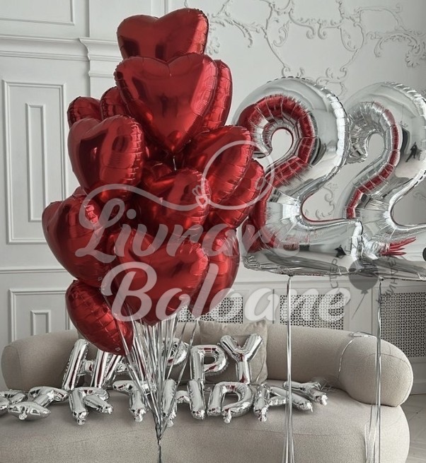 Букет из красных сердечек и серебряных цифр (LB-12024)