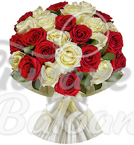 25 Trandafiri Albi-Rosii 60 cm in Buchet