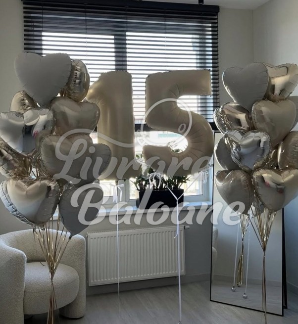 Set Baloane Cifrǎ 15 cu Inimi Argintii - Elegant Birthday (LB-130023)