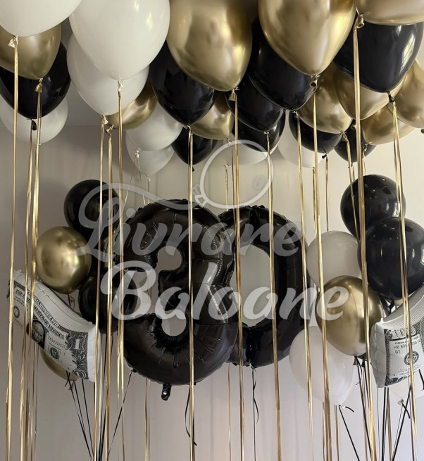 Set Baloane Aniversare 30 Ani - Alb, Negru și Auriu cu Cifre și Bani (LB-11058)