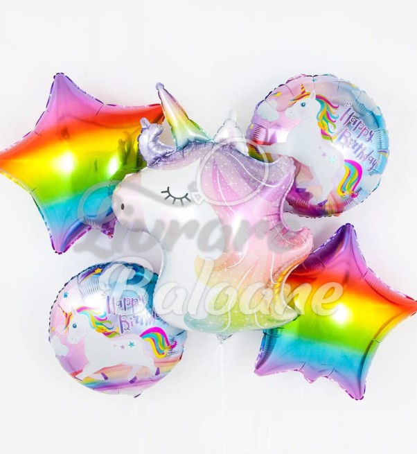 Set Baloane Folie Unicorn Curcubeu_Happy Birthday_Decor Petrecere Copii (LB-18146)