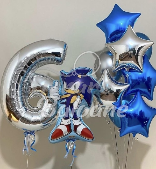 Набор воздушных шаров с гелием «Соник» – цифра 6 серебро + персонаж Соник + синие и серебряные звезды