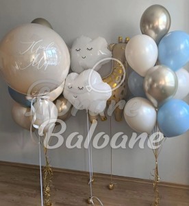 Aranjament Baloane Baby Boy - Girafǎ Aurie, Norișori și Balon Bubble Personalizat (LB-14118)