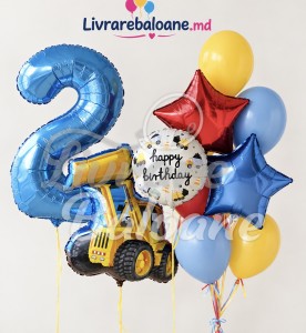 Букет шаров с гелием для мальчика – Цифра 2, экскаватор и звёзды, Happy Birthday (LB-13010)