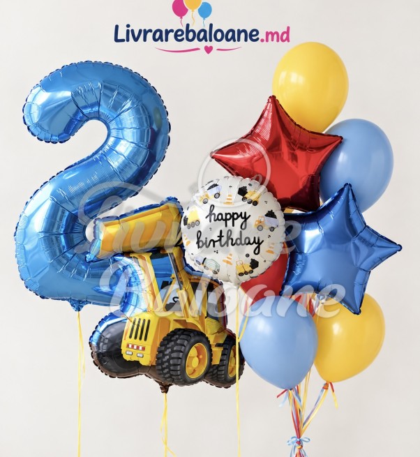 Букет шаров с гелием для мальчика – Цифра 2, экскаватор и звёзды, Happy Birthday (LB-13010)
